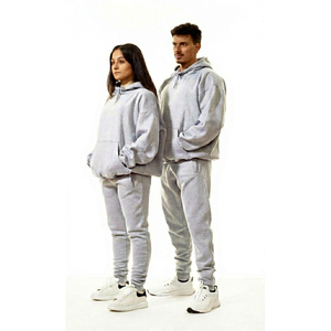 Survêtement à capuche gris en coton pour hommes et femmes, manches longues, taille élastique, couleur unie, respirant, coupe décontractée - Product Image 1