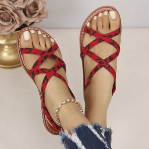 Women Leopard Print Flat <b>Sandals</b> Crisscross Strap <b>Elastic</b> Ankle Strap Summer Casual Beach Ladies <b>Sandals</b> Wholesale - Product Image 4