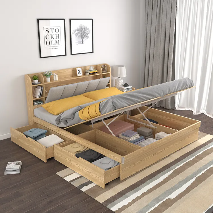 modern queen size wooden frame hydraulic lift storage bed with haeadboard and drawers