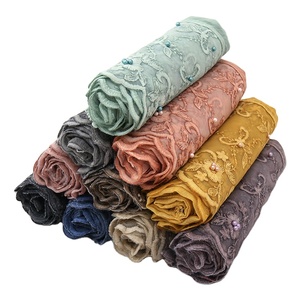 2024 venta al por mayor boda colores sólidos Bandhnu musulmán algodón perla encaje Hijab bufanda velo musulmán Hijab - Product Image 1