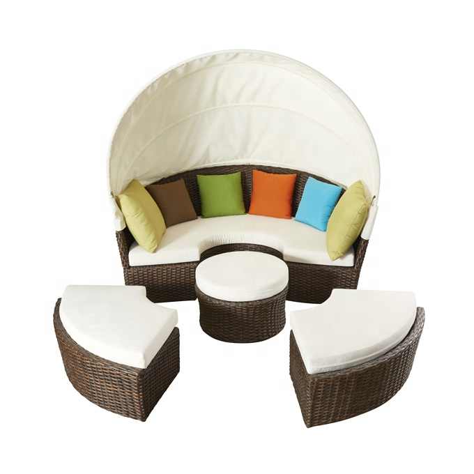Outdoor Brown Hotel Beach Exterior Pool Wicker Aluminum Sunbed Patio Garden Round Rattan Daybed with Canopy