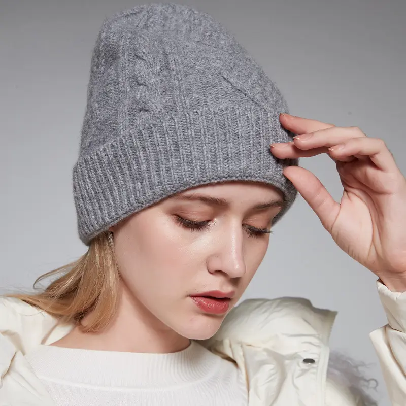 Gorro de malha de lã de inverno para mulheres, chapéu de malha personalizado com padrão de flores torcido, mais vendido