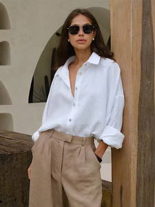 Camisa de lino blanca para mujer al por mayor, blusa informal oversize con botones, blusa de lino y algodón de manga larga, top de playa de verano - Product Image 1