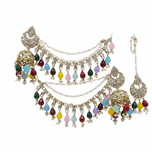 Bridal Ethnic Chandelier Drop Earrings Claw Setting Pearl Chain Matching Maang Tikka Alloy Gold Plated Vintage Traditional - Product Image 2