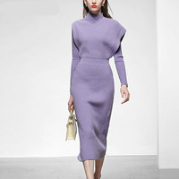 Nouvelle arrivée du printemps, robe en deux pièces en tricot formelle pour femmes, style A-ligne, mi-longue, avec manches longues et col montant
