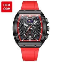 Montre personnalisée OEM avec bracelet en silicone, design tonneau, montre à quartz multifonction pour homme, phase lunaire, chronographe, date automatique, montres pour homme
