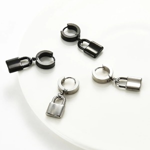 1 Pair Stainless Steel Lock Pendant Hoop <b>Earrings</b> <b>Men</b> Women Gothic Punk <b>Huggie</b> Drop Dangle <b>Earring</b> Jewelry Silver Black Color - Product Image 6