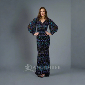 Para Jancember Elegante manga acampanada Vestidos de fiesta de noche Hecho a mano Delgado Patrón 3D Cintura natural Cristales Plumas - Product Image 1