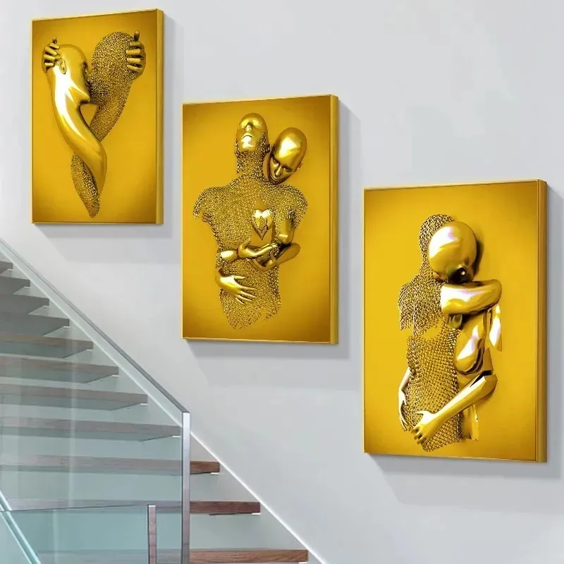 home decoration Gold Couple Lovers Metal Figure Statue Art abstract posters abstract printing canvas painting wall art