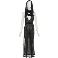 Robe gothique noire transparente sexy pour femmes avec col à capuche sans manches, costume érotique, tenue de festival EDM, tenue de rave