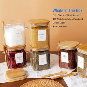 Set di 6 Barattoli Quadrati in Vetro NFS con Coperchi in Bambù e Cucchiai, Capacità 300-1600ml, Senza BPA, Lavabili in Lavastoviglie, Resistenti all'Umidità, per Cucina - Product Image 2
