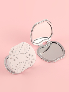 Miroir de poche compact en forme de pomme, en cuir PU blanc, avec motif feuille en relief, strass scintillants, double face, verre HD - Product Image 3