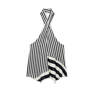 Nouvelle Collection Printemps/Été 2026 – Débardeur Halter Plissé Rayé en Polyester Respirant pour Femme – Style Rétro Décontracté et Élégant - Product Image 1