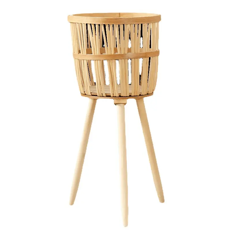 Conjunto de suporte de cesta de vime para plantas, vasos de flores e suporte de plantador de vime de bambu com suporte para pernas de madeira natural