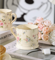 Taza de Cerámica de Porcelana Fina con Diseño de Borde Dorado de Lujo, Estilo Nórdico, Estampado Floral, Ecológica, con Asa, Libre de BPA, Resistente al Calor
