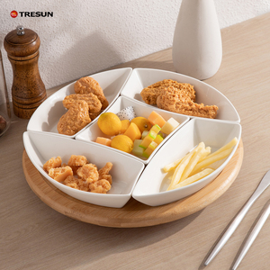 Lot de 5 assiettes à collation en céramique divisées avec plateau de service rotatif en bambou pour la maison, les restaurants, les fêtes et les mariages - Product Image 3
