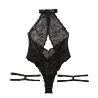 Bodysuit Wanita Deeplove Berbahan Renda dengan Kerah Halter, Punggung Terbuka, dan Crotch Terbuka, Set Lingerie Pembentuk Tubuh dengan Cincin Kaki Grosir OEM