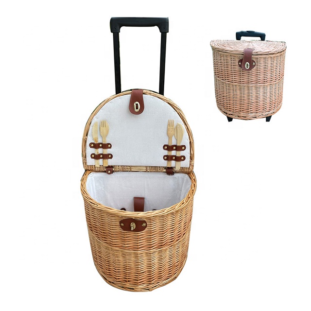 French Style Vintage Outdoor Woven basket Storage Wicker Picnic Kids Trolley picnic basket