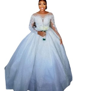 Wedding Dress Long Sleeve V-Neck Tie-Waist Beaded <b>Lace</b> Ball Gown Pure <b>White</b> Ivory <b>White</b> Polyester Fiber Bridal Dress - Product Image 5