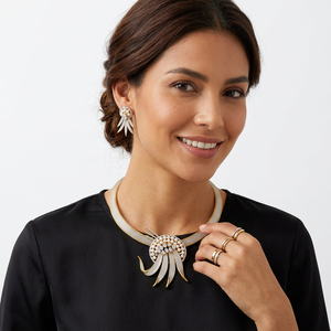 Luxury Brass Pearl Jewelry Set CZ Crystal Rhodium Statement Necklace Matching Earrings Two Tone Gold <b>Silver</b> Wedding <b>Choker</b> - Product Image 3