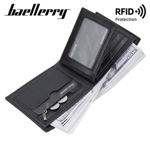 Baellerry Men's Tri-Fold <b>Wallet</b> Black Leather <b>RFID</b> Protection Multi-Card Slot Horizontal Zippered <b>Wallet</b> For Everyday Use - Product Image 1