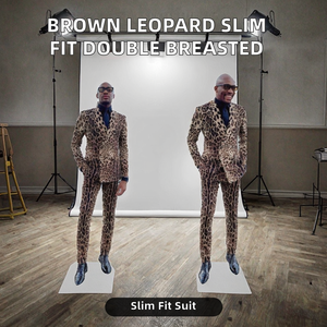 Traje de esmoquin marrón con estampado de leopardo para hombre, corte ajustado, doble botonadura, cierre de cremallera, antiarrugas, transpirable, de lana peinada, lo último para novios. - Product Image 2