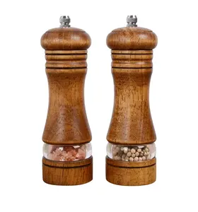 Wood Salt And Pepper Grinder Set Manual Mills With Acrylic Window Adjustable Ceramic Grinding - 6.5inch 2 Pack
