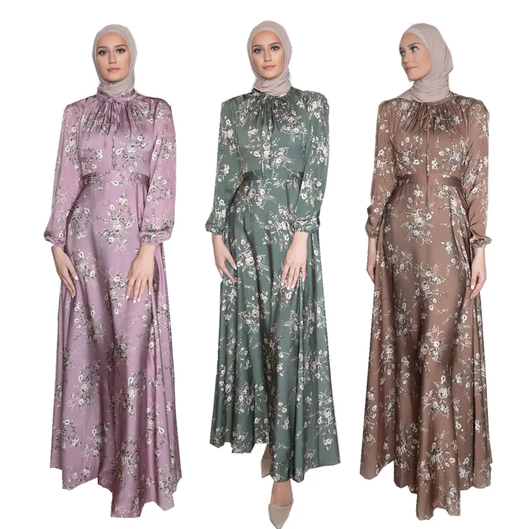 Marrocos Vestido Longo Mulheres Muçulmanas Flores Impresso Longo De Seda Abayas Robes Fantasia Maxi Vestido Francês Elegante Vestido De Cinto Islâmico
