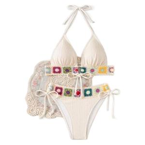 Summer Beach Women's Resort Floral Pattern Ribbon Patchwork Halter Neck Sexy <b>Bikini</b> <b>Set</b> - Product Image 5