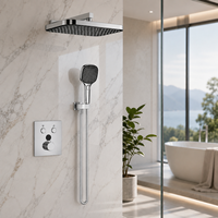Kit de douche mural moderne carré chromé à deux fonctions avec robinet à main intégré, bouton de commande thermostatique et jet pluie