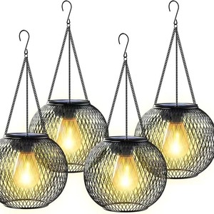 <b>Solar</b> Garden <b>Lights</b> Round Chain Lamp Black Iron Outdoor Decorative <b>Lanterns</b> Pack Of 4 - Product Image 1