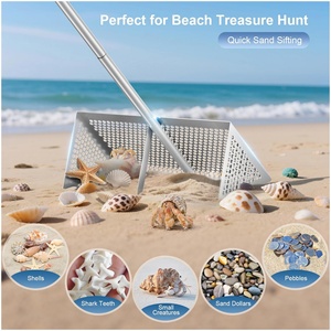 Rastrillo de playa resistente de acero inoxidable de grado industrial 52 "16" cesta arena <span class=keywords><strong>pulgas</strong></span> y colector de conchas marinas mango ergonómico - Product Image 3