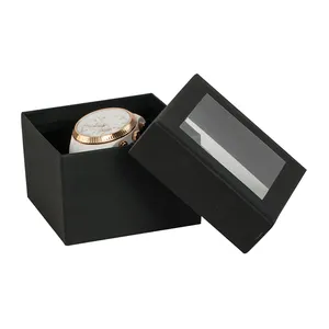 Relógio com logotipo personalizado por atacado embalagem pequena caixa de presente de papel preta rígida com janela