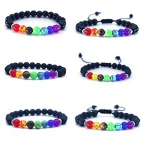 Bracelet de Charme Tressé Perlé, Perles de Pierre Naturelle, Yoga, Guérison Énergétique, Pierre de Lave Volcanique, 7 Chakras, Diffusion d'Ambre, Plaqué Argent
