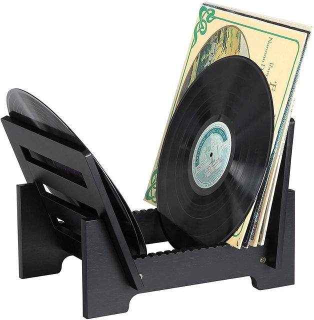 ZC Black Vinyl Record Storage Holder Bamboo Display Stand Portable LP Rack for Living Room Album Collection Gift Idea