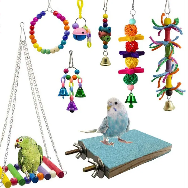 Bird Cage Toys for Parrots Wood Birds Swing Reliable Chewable Bite Bridge Wooden Beads Shape Parrot Toy