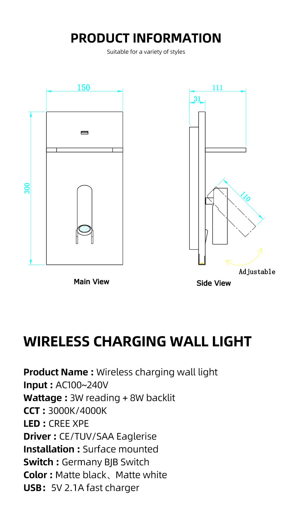 Wholesale Supply Oem Odm Wireless Usb Charging Metal Adjustment Led Bedside Wall Lamp For Bedroom