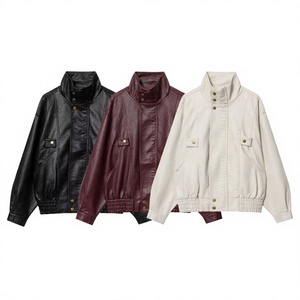 Chaqueta Bomber de PU para Hombre, Cuello Alto, Corte Casual Corto, Color Sólido, Manga Regular, Ropa de Abrigo de Otoño - Product Image 2