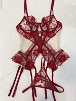 Ensemble de lingerie corset en dentelle florale avec jarretelles, 3 pièces, tenue intime