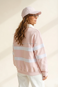 Felpa da Donna Rosa Chiaro con Colletto Polo a Righe, Mezza Abbottonatura, Oversize, Manica Lunga, Pullover Casual Personalizzabile in Taglie Grandi - Product Image 6