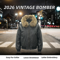 Blouson Bomber en Cuir Vintage NX pour Homme 2026, Col à Grande Capuche, Broderie Lettres, Coupe Ample et Respirante, Fermeture Éclair, Style Hip-Hop