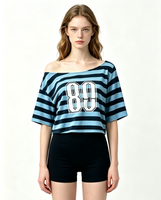 T-shirt court rayé à épaules dénudées pour femme - T-shirt décontracté ample à manches courtes imprimé 89