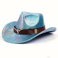 Chapeau de cowboy en cuir Longhorn argenté à imprimé serpent irisé, style gothique punk, pour adultes, vente en gros