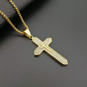 Cross Pendant <b>Necklace</b> Stainless Steel Gold Plated Pave Setting Unisex Gift - Product Image 3