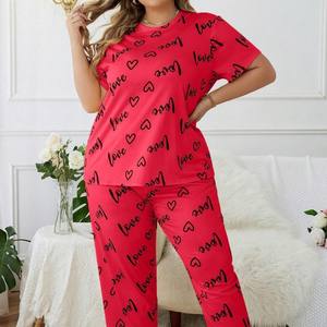 Vêtements de maison pour femmes grandes tailles, style européen et américain, pyjama à manches courtes, taille élastique avec motif d'amour - Product Image 5