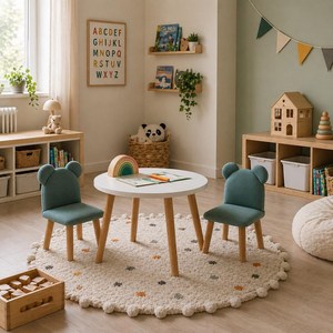 Meubles Montessori Table ronde en bois pour enfants et 2 chaises en velours pour enfants Table et chaise pour tout-petits en forme d'ours vert - Product Image 1