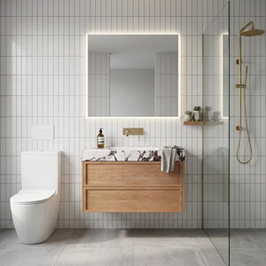 Mueble de Baño Flotante de Roble sin Tiradores, con Dos Cajones Profundos de Almacenamiento, Encimera de Cuarzo con Vetas Púrpuras Impresionantes para Baño - Product Image 2