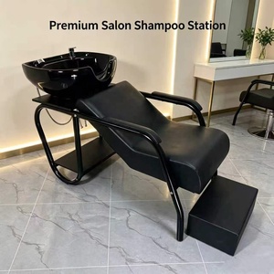 Fauteuil de lavage moderne en cuir PU noir avec bac en fibre de verre durable pour salon de coiffure - Haute qualité - Product Image 1