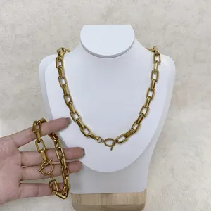 Popular cadena gruesa chapada en oro de 18 quilates, conjuntos de collar de pulsera, cadena gruesa, cierre OT, conjunto de joyería de moda