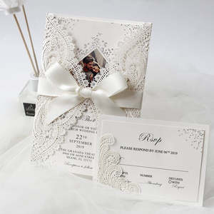 Invitations de fiançailles et d'affaires de <span class=keywords><strong>mariage</strong></span> de ruban découpé au laser de luxe Carte-cadeau en papier élégante avec sceau d'enveloppe de style croisé - Product Image 4